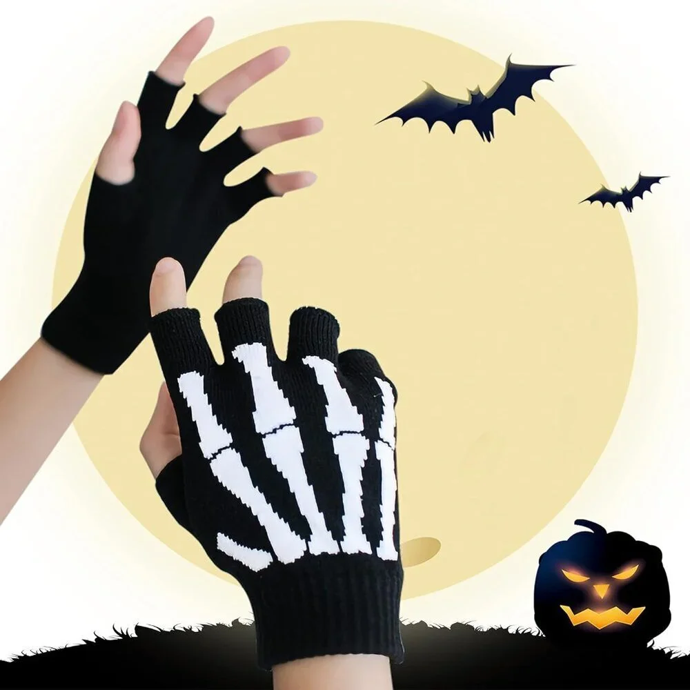 Unisex Skeleton Fingerless Gloves Knit Hand Warmers Soft Warm Fashion